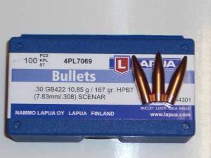 Ogives LAPUA 308 / 7,62 MM - 167 Grs HPBT Scenar X 100. BOITE.